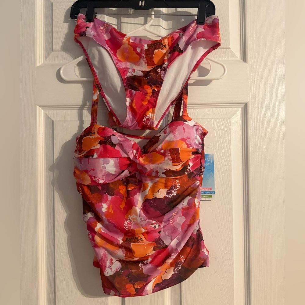 NWT Simply Fit Swimwear 2-Piece Ruched Swimsuit Sunset Floral Size M